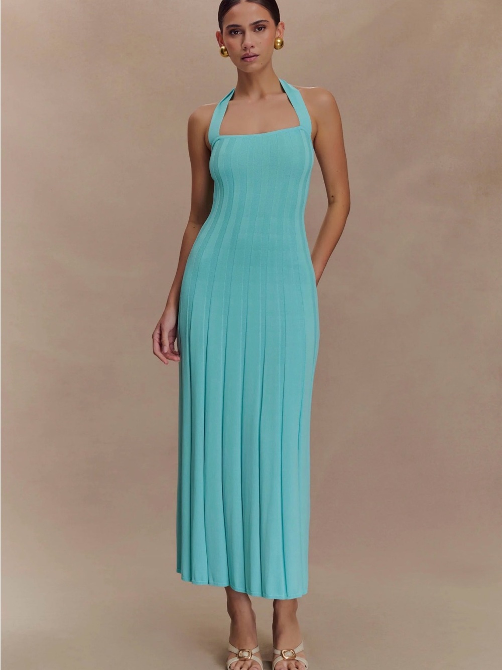 Meshki Jacqui Halter Knit Midi Dress Aqua Halter Ribbed Pleated